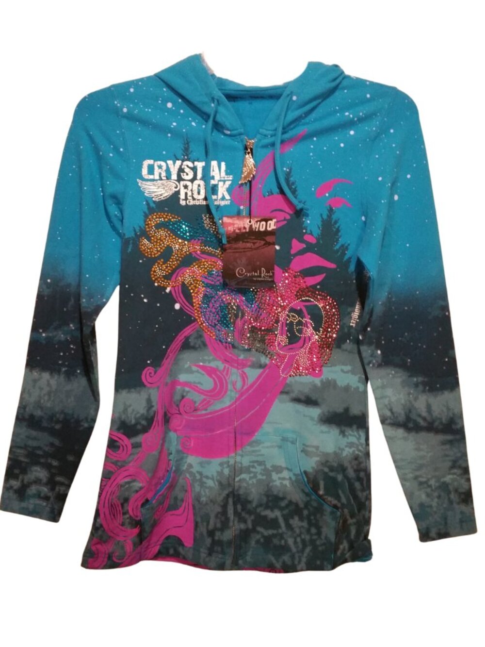 Christian Audigier Crystal Rock Rhinestone Crown Zip Hoodie Turquoise M - NEW